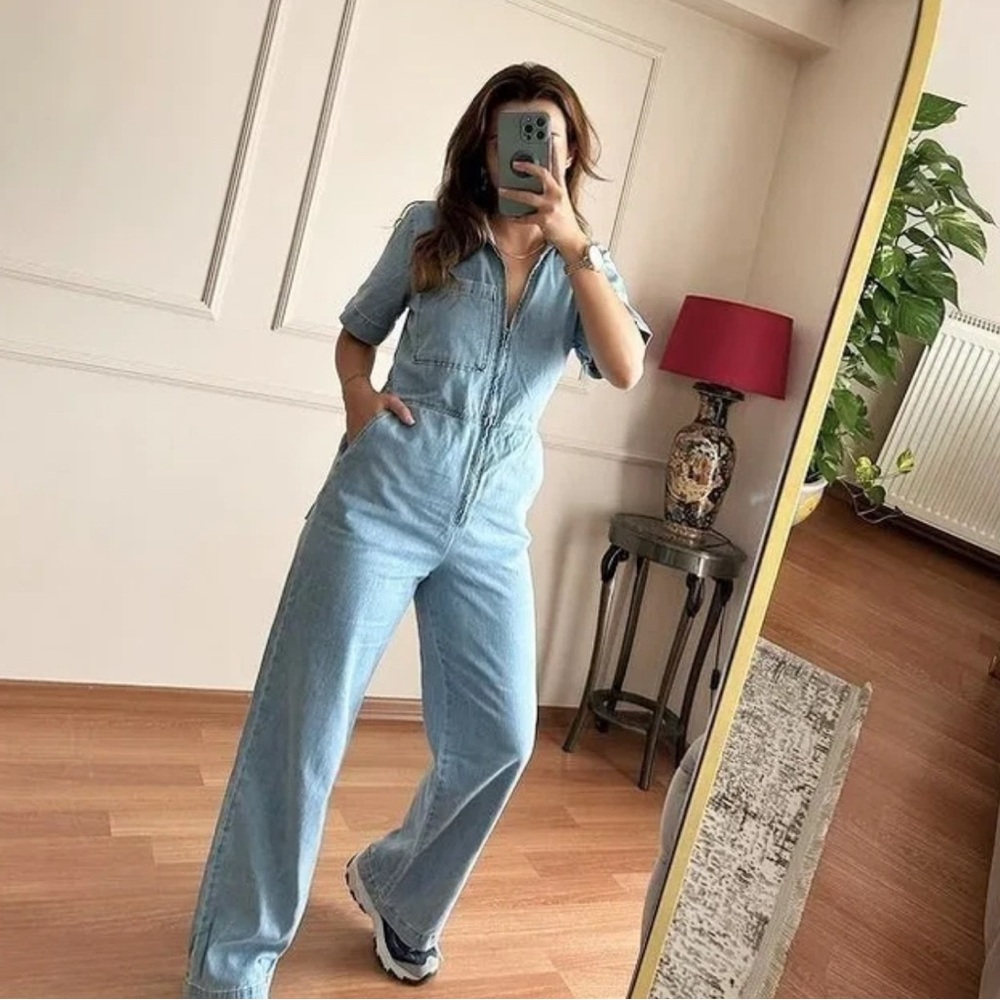 Zara Z1975 Denim Long Jumpsuit With Zip Mid Blue Size   XS 1889/159